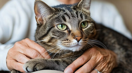 A Close-Up of a Tabby Cat Resting Comfortably in the Lap of a Person on a Cozy Afternoon at Home