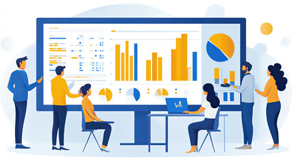 Team Collaborating on Data Analysis With a Large Screen Displaying Graphs and Charts in a Bright, Modern Workspace
