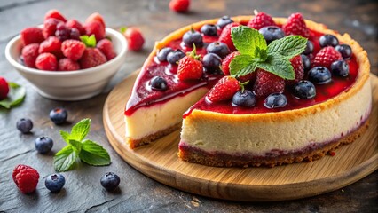 High angle delicious dessert homemade cheesecake with berry sauce