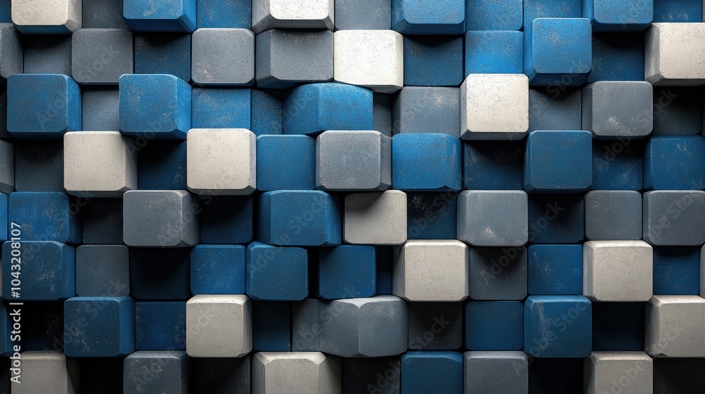 Poster abstract 3d cubes arranged in a cascading pattern with alternating colors of blue and grey