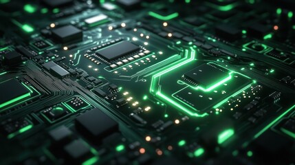 Fototapeta premium Abstract circuit board design in metallic green and silver with illuminated pathways on a black background