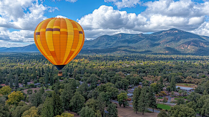 Fototapeta premium Bright Orange Hot Air Balloon Gracefully Soars Over Lush Green Landscape and Mountains Under a Vibrant Cloudy Sky in the Afternoon Light