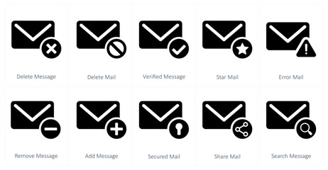 A set of 10 mail icons as delete message, delete mail, verified message