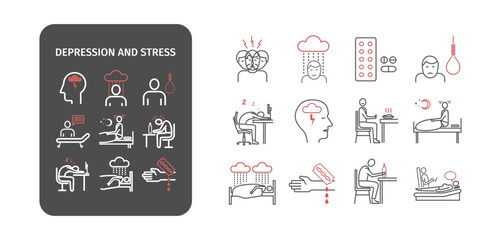 Depressed person, insomnia, nightmares, fears, burnout. Symptoms, Treatment. Line icons set. Vector signs