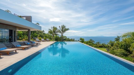 Fototapeta premium Luxurious blue infinity pool: the perfect exclusive retreat for relaxation and tranquility.