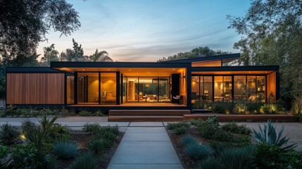 Fototapeta premium Modern prefabricated home with geometric design, glowing as dusk sets in.