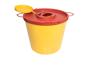 Big plastic container for medical waste disposal isolated on white background