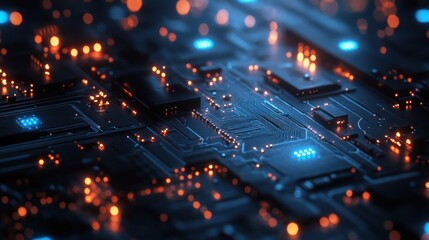 Obraz premium Digital-inspired circuit board design with sharp, clean lines and glowing blue nodes on a black surface