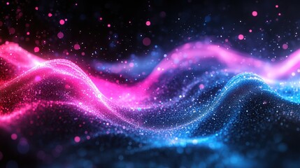 Obraz premium Futuristic wave of glowing particles in bright cyan and magenta, moving across a black background
