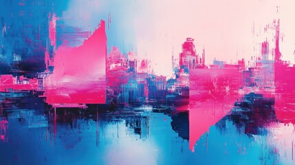 Glitch art with distorted geometric shapes in neon pink and blue, surrounded by pixel fragments and screen errors