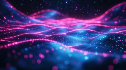 Obraz premium Glowing holographic grid of neon blue and purple lines floating in a dark space, creating a futuristic digital effect