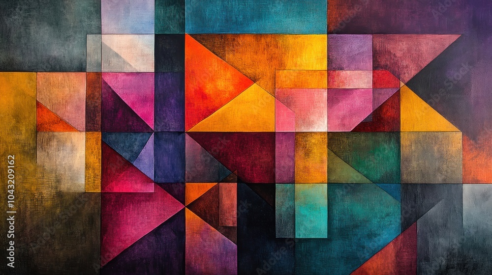 Wall mural layered geometric shapes with translucent squares and triangles creating depth and movement