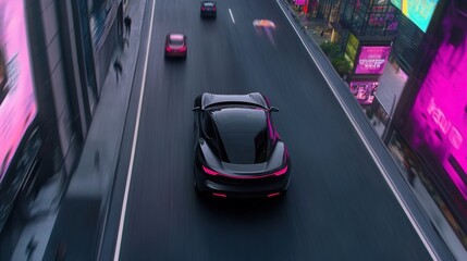 Sleek Electric Car Driving Through Futuristic Cityscape