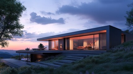 Fototapeta premium Prefab home on a hillside, with expansive views of the landscape at dusk.