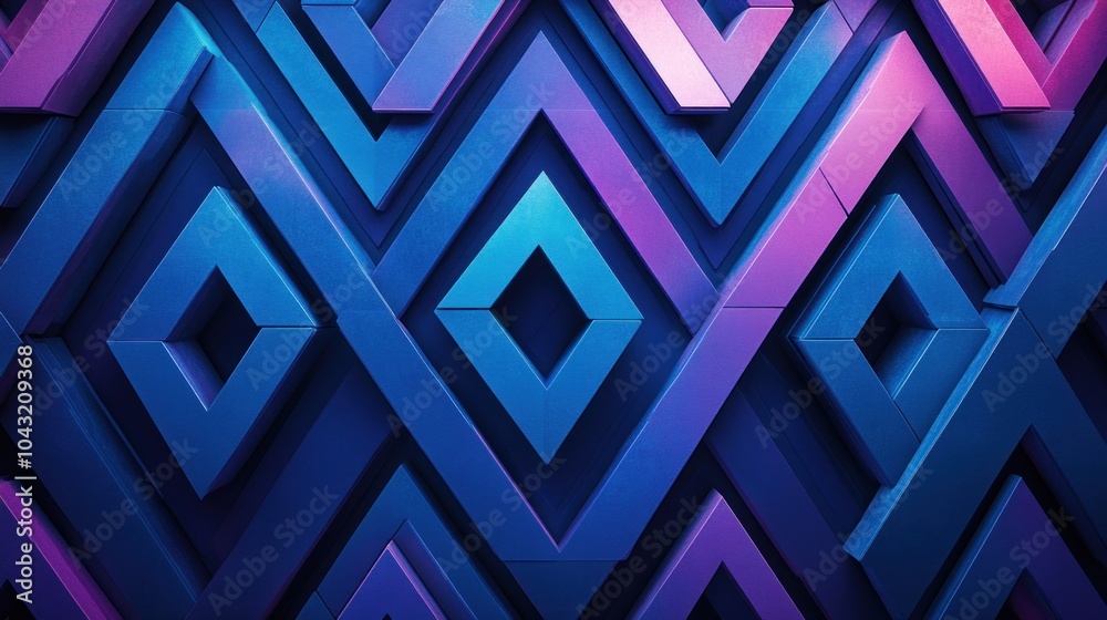 Poster repeating pattern of interlocking triangles in vibrant shades of blue and purple with sharp edges