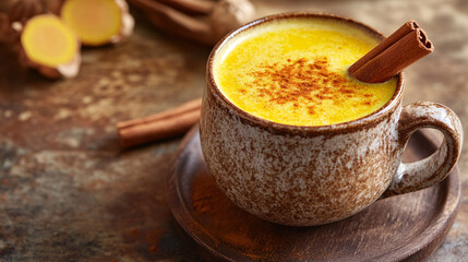 Golden Milk Latte with Cinnamon Stick and Ginger Root