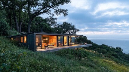Prefab home on a hillside, with expansive views of the landscape at dusk