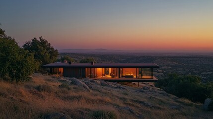 Prefab home on a hillside, with expansive views of the landscape at dusk