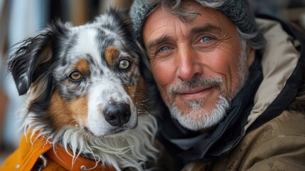 A joyful bond between a man and his dog in a cozy winter setting near the mountains. Generative AI