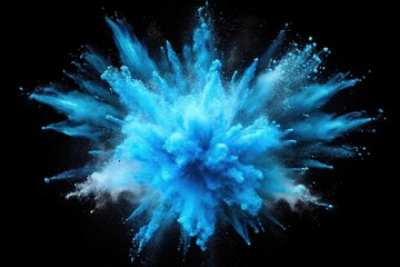 High angle explosion of blue powder against a dark background