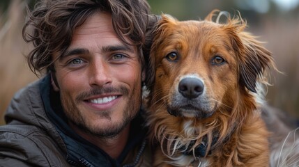 A joyful moment shared between a smiling man and his golden-brown dog in a serene outdoor setting during autumn. Generative AI