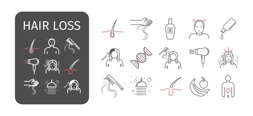 Treatment and Problem of Hair. Hair Care. Loss Problem. Hair fall icons. Line icons. Vector signs for web