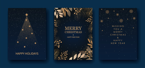 Merry Christmas and Happy New Year. Greeting card or invitation template with golden Christmas tree on blue background.