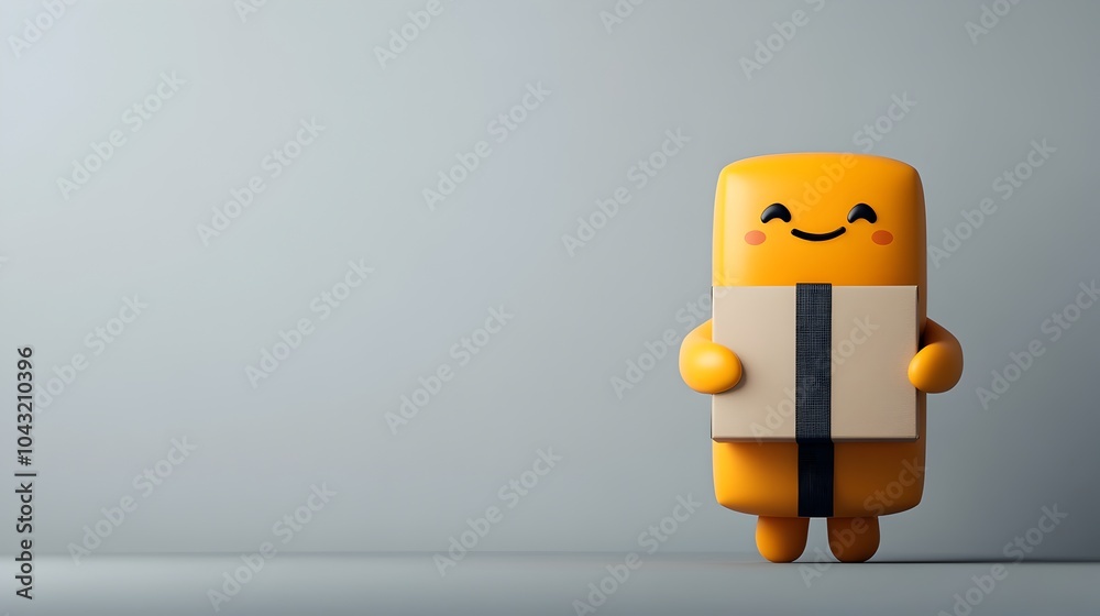 Poster a 3d rendered image of a friendly animated avatar character embracing a simple cardboard package per