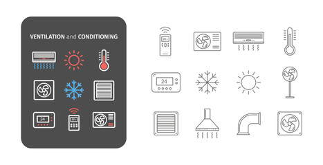 Ventilation and conditioning. Climate control icon set. Vector illustration.