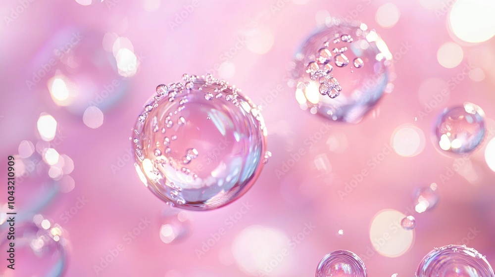 Wall mural pink shimmering soap bubbles floating with soft bokeh background generative ai