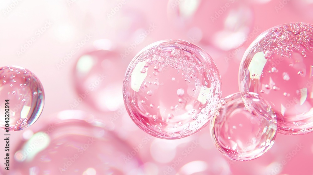Wall mural pink shimmering soap bubbles floating with soft bokeh background generative ai