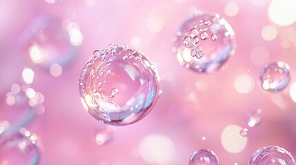 Pink shimmering soap bubbles floating with soft bokeh background Generative AI