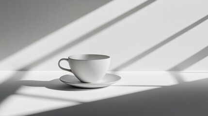 Fototapeta premium A white coffee cup and saucer sit on a white surface with light streaming through a window creating shadows.