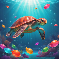 Animate a gummy turtle gliding slowly through a sparkling gummy ocean