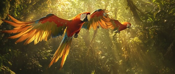 Two colorful parrots flying through a lush, sunlit jungle.