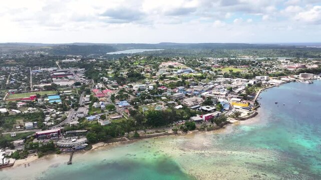 Port Vila, Efate, Vanuatu - A Picturesque View of a Coastal Town Encircled by Turquoise Waters - Aerial Drone Shot