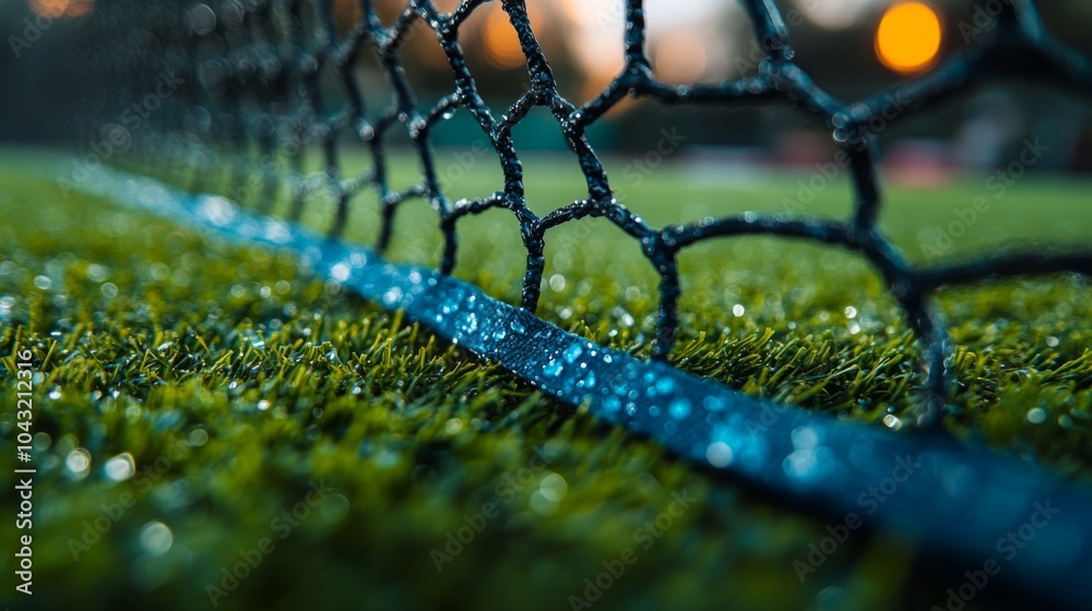 Poster dew droplets cling to the soccer net as evening sets in, highlighting the lush, artificial turf and 