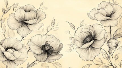 Hand-drawn floral patterns in intricate line art, with delicate petals and leaves on a beige background for a vintage aesthetic