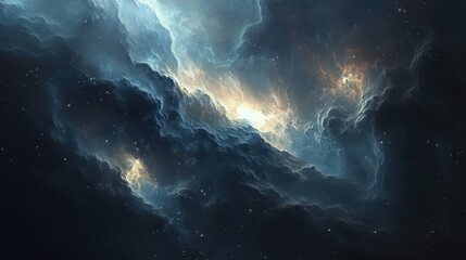 Fototapeta premium An abstract depiction of a distant galaxy shrouded in shadows, with glowing stars peeking through the darkness. 