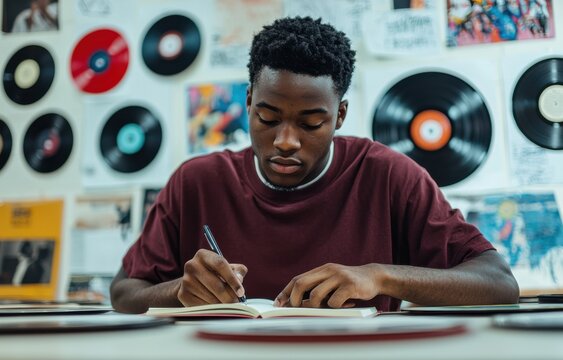 High school student writing in notebook surrounded by vinyl records on a creative study break