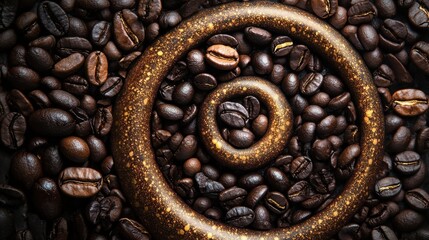 An abstract close-up of coffee beans cascading into a spiral, with rich, dark textures and golden...