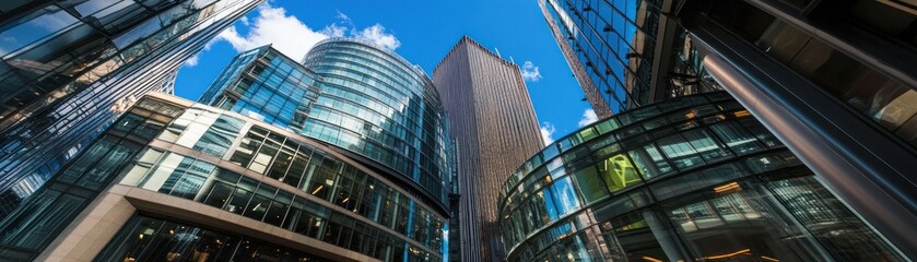 Obraz premium Modern skyscrapers with glass facades under a blue sky.