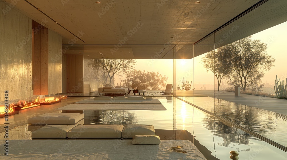 Poster Serene modern retreat with tranquil pool and natural light at sunset, surrounded by desert landscapes. Generative AI