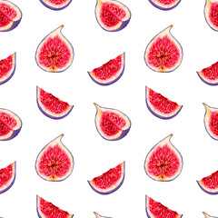 Seamless pattern of fig slices with red flesh. Botanical illustration with watercolor and markers. Hand drawn isolated art. Tropical berries background. For packaging, fabric, wallpaper, apron