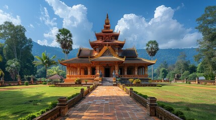 Obraz premium A serene temple nestled in lush greenery under a vibrant sky in a tranquil landscape setting. Generative AI