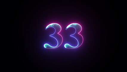 Abstract glowing neon number 33. Blue and purple neon futuristic effect. Trendy glow lighting