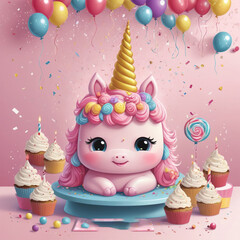 A pink birthday cake with candles on a light blue background