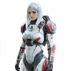 Fototapeta premium Gaming character girl in a futuristic armor suit, showing strong upper body muscles on a white background.