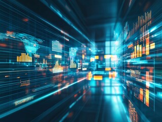 Abstract digital world with glowing lines and data visualizations.