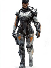 Fototapeta premium Gaming character man in a sci-fi exosuit with metallic armor on a white background.